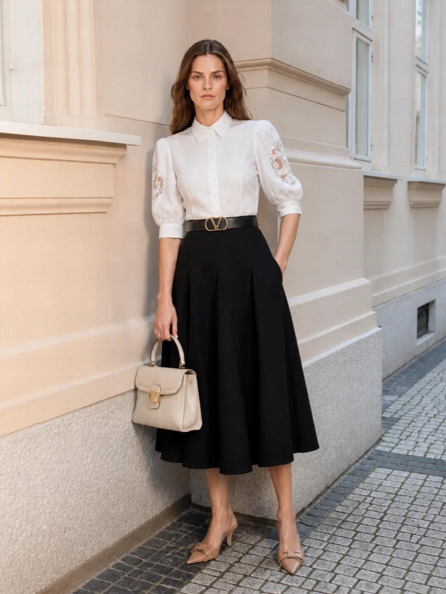 Valentino white shirt black midi skirt outfit