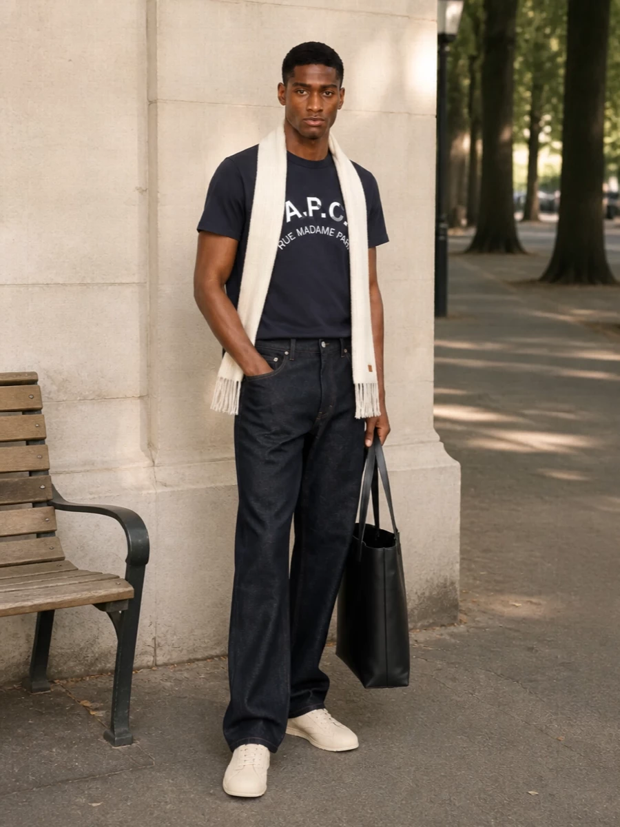 Apc navy logo tee dark indigo jeans outfit