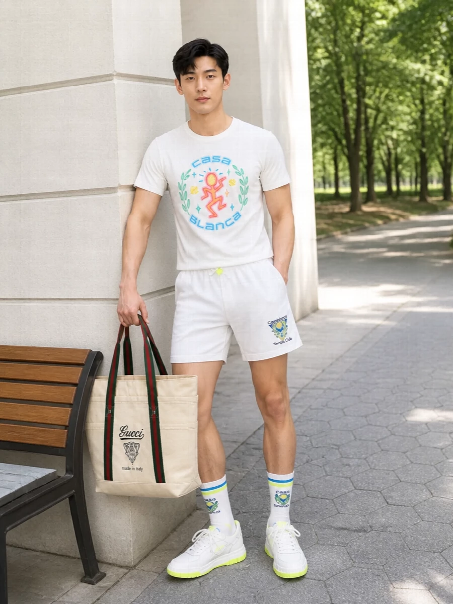 Casablanca tennis outfit neon sneakers gucci tote