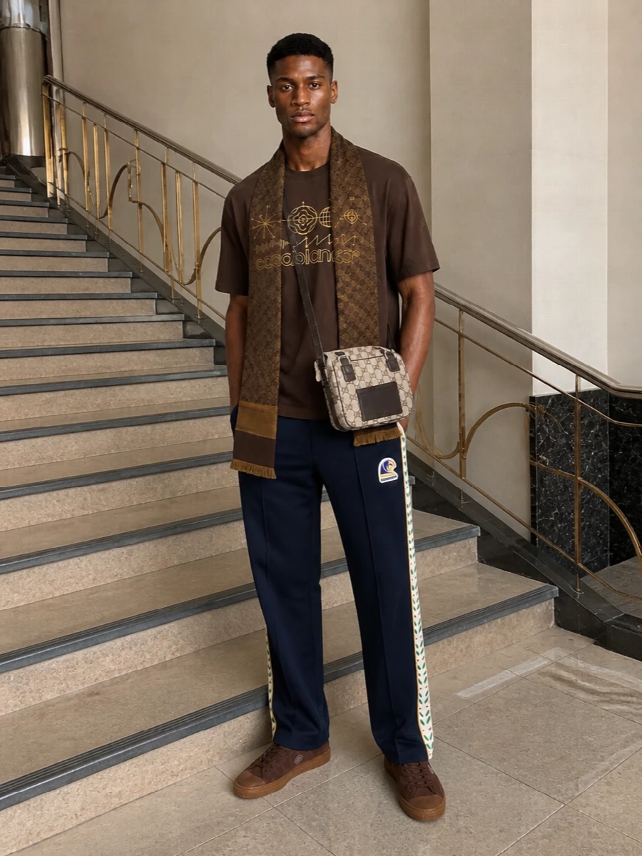 Casablanca brown tshirt navy track pants outfit