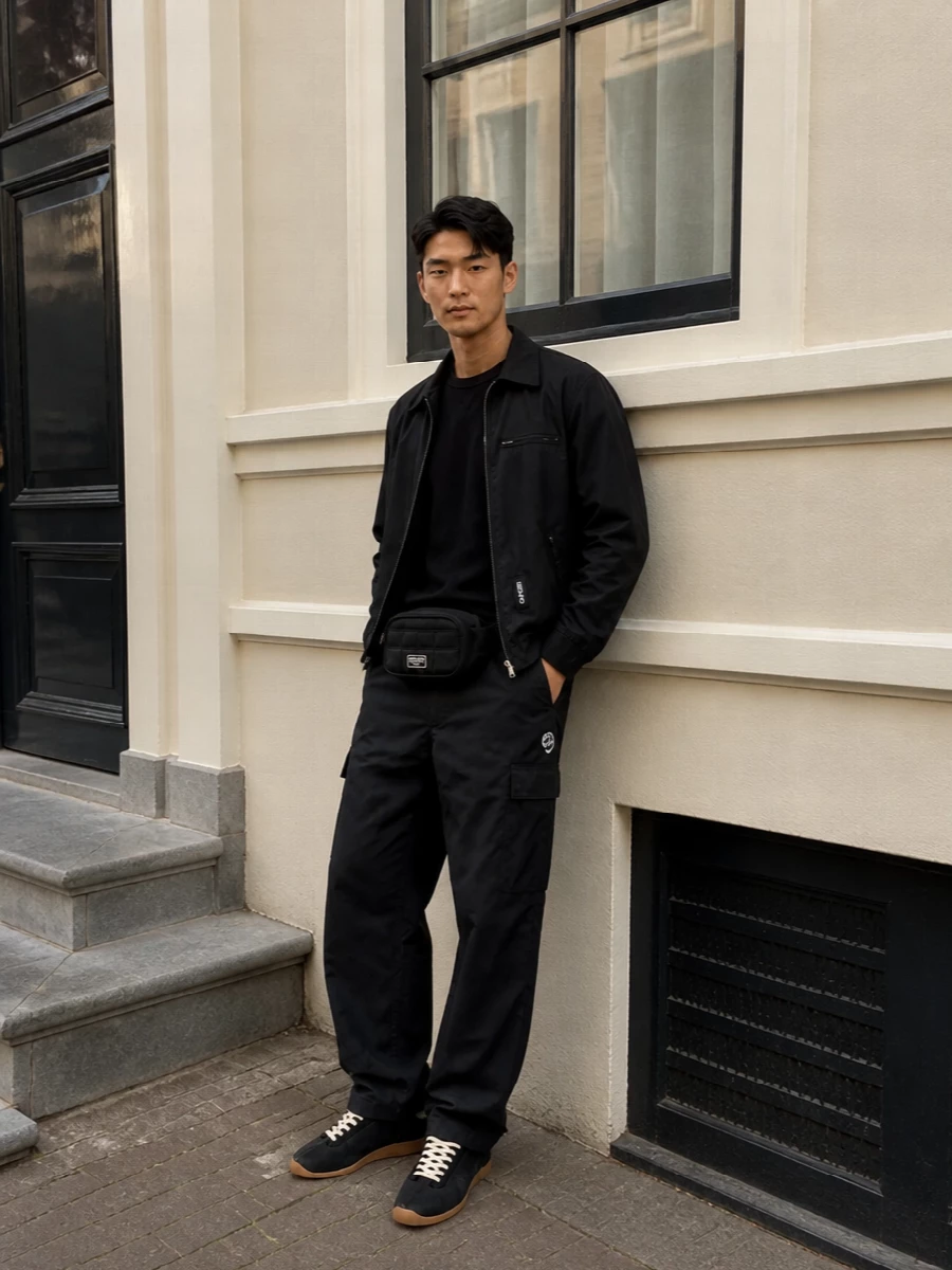 Kenzo black coach jacket cargo pants outfit