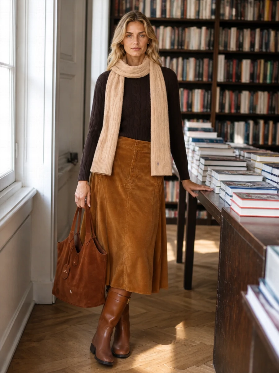 Deep espresso against caramel corduroy creates a warm, collegiate palette that still reads restrained and polished. The cropped cable knit meets the high-waisted A-line cleanly, giving you a defined waist and easy movement through the skirt. Cognac riding boots and a suede tote keep the lines long and refined while staying firmly in that quiet Ralph Lauren universe.