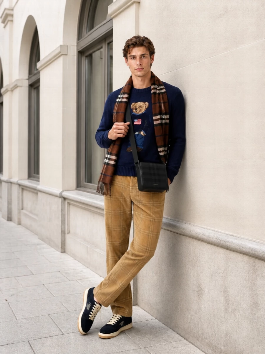A navy Polo Bear knit sits against soft camel Burberry corduroy, giving a collegiate mix of colour and texture that feels nostalgic yet sharp. Navy Prada sneakers and a sleek black Burberry crossbody keep the palette anchored and streamlined, while the chestnut check scarf pulls the heritage notes together for cool-weather city days.
