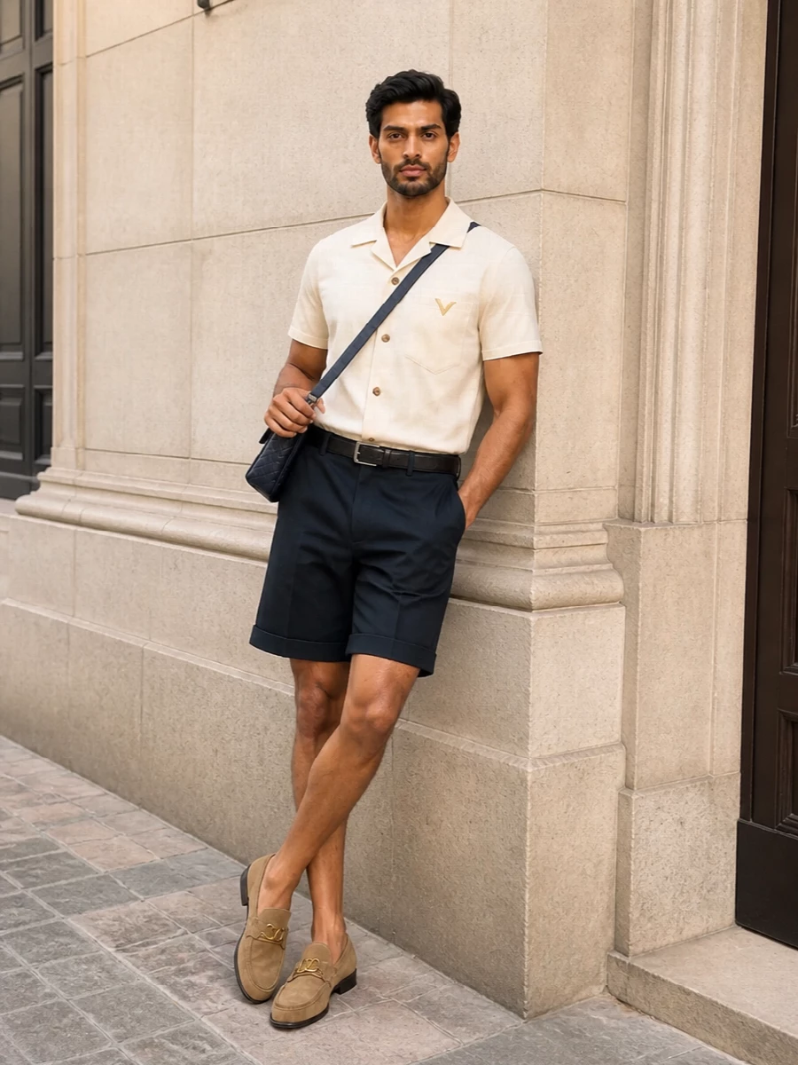 Mens navy tailored bermuda shorts outfit