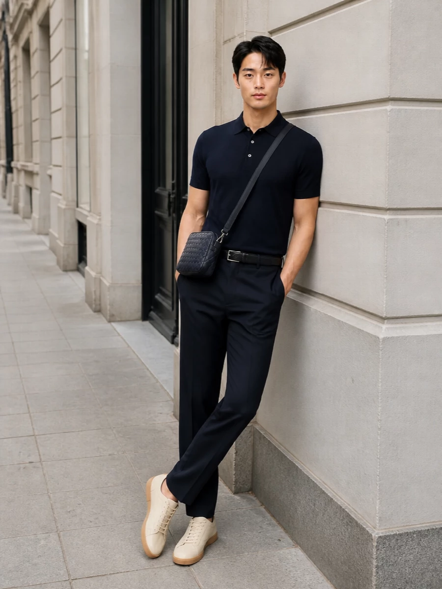 The deep-navy knit polo sits neatly over the softly pleated navy trousers, creating a tonal column that feels crisp, modern and quietly luxurious. Cream leather sneakers break the navy just enough with a light, refined contrast, while the intrecciato navy crossbody and slim textured belt keep the silhouette clean and intentional from office hours to terrace dinners.