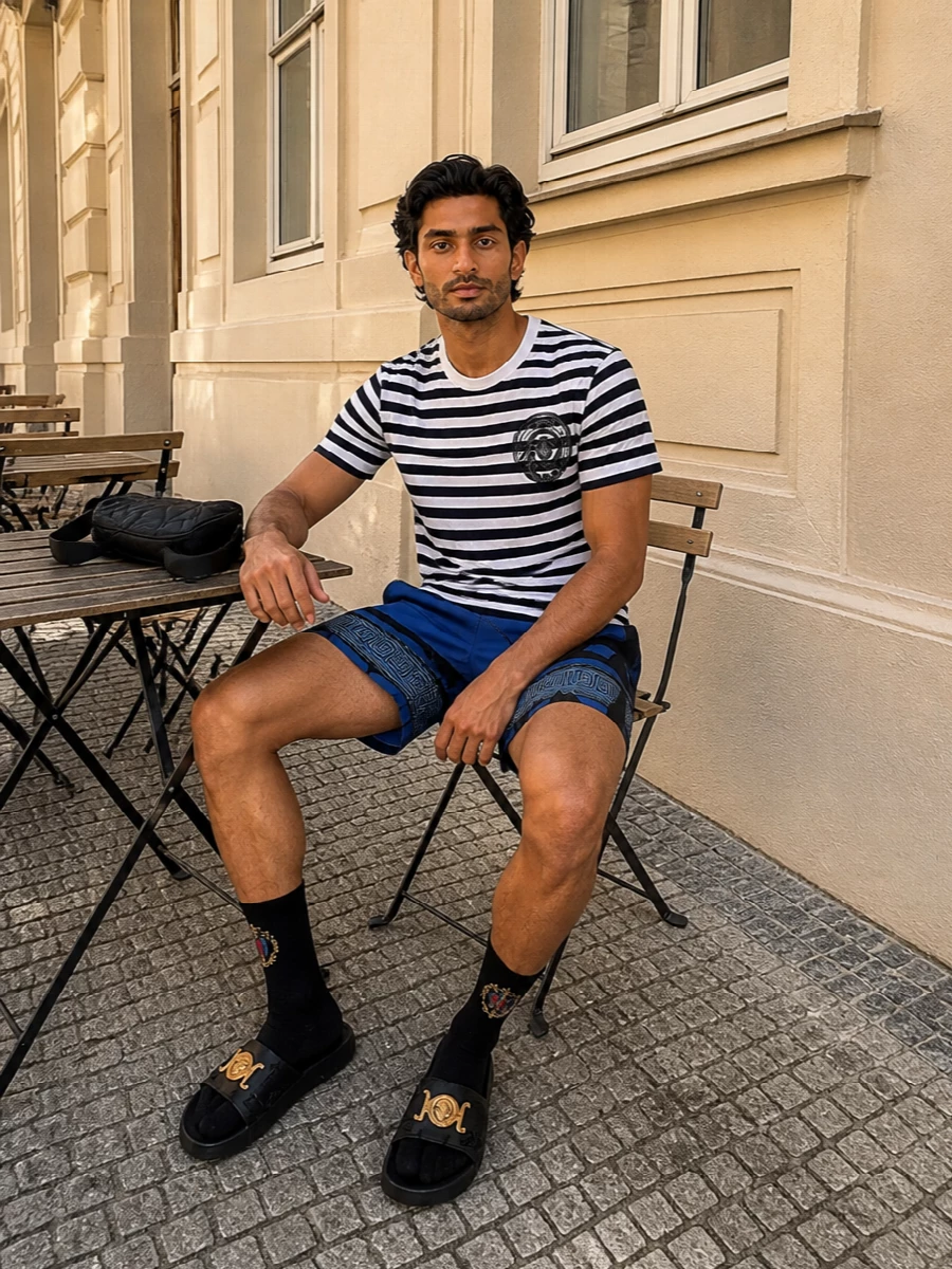 Versace swim shorts striped tee and slides