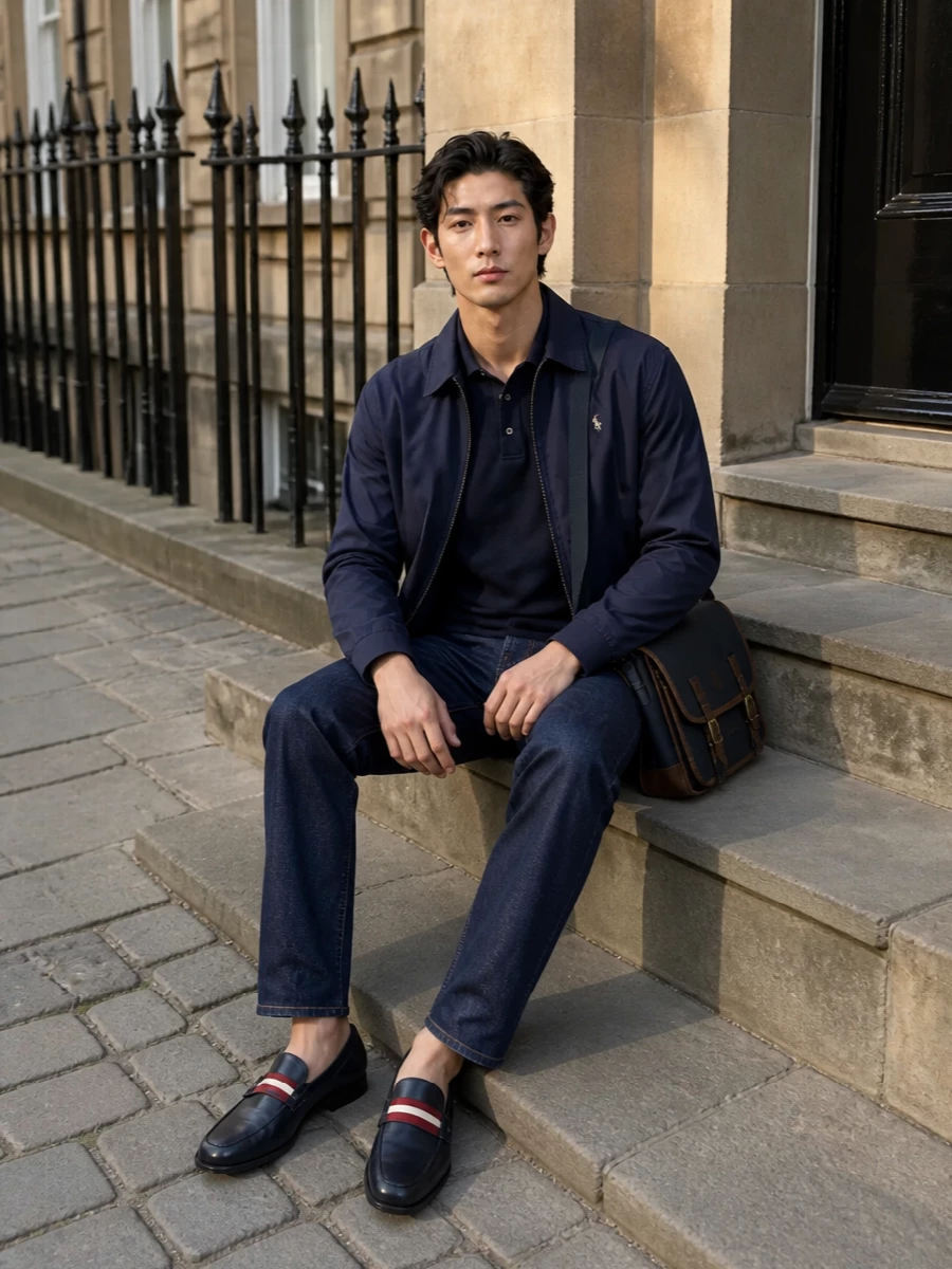 Ralph lauren navy jacket jeans bally loafers