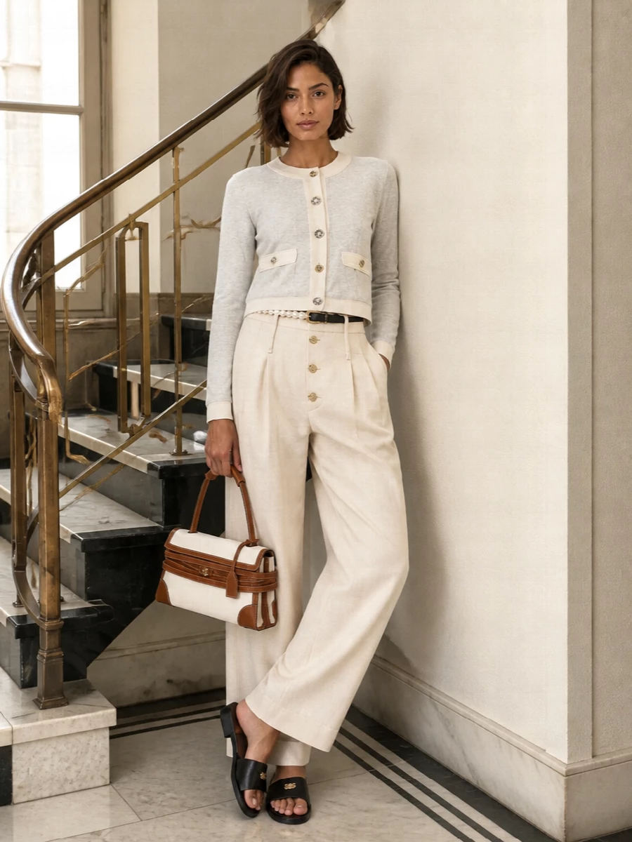 Moschino cardigan cream wide leg trousers outfit