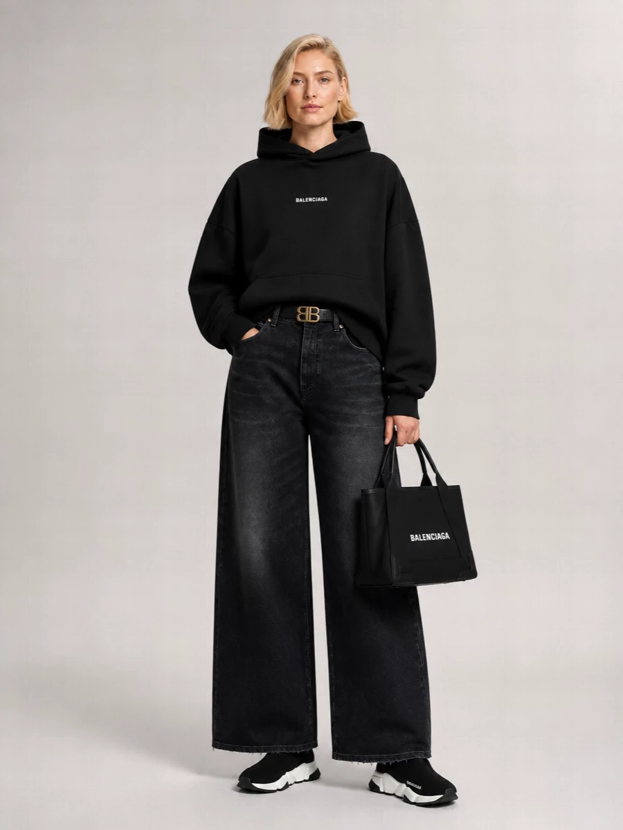 Pure Balenciaga monochrome, built on slouched volume up top and a sculptural sweep through the ultra-wide denim. The sock sneakers keep everything clean and aerodynamic, while the structured tote and slim logo belt add a quiet, city-ready sharpness to the ease of the hoodie. It reads relaxed and graphic, polished enough for galleries or a low-key dinner but grounded in true streetwear attitude.
