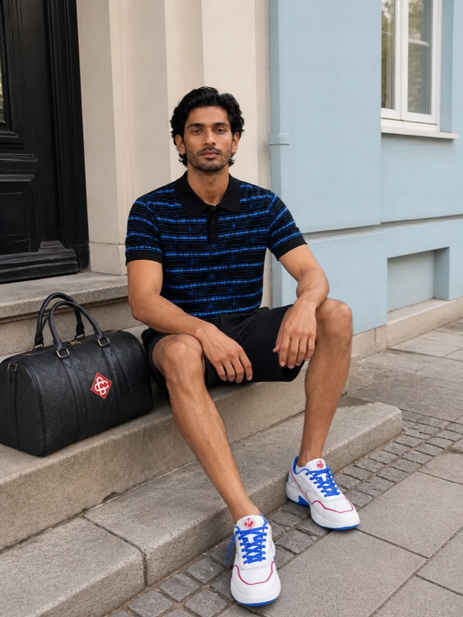 Casablanca knit polo tailored jacquard shorts outfit