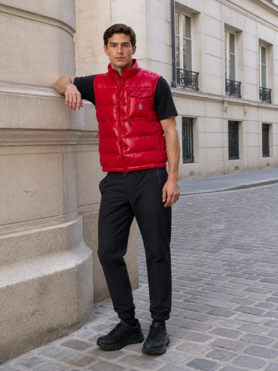 Moncler grenoble red vest black track pants
