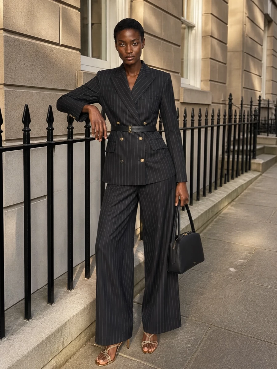 Casablanca pinstripe suit gold heels alaia bag
