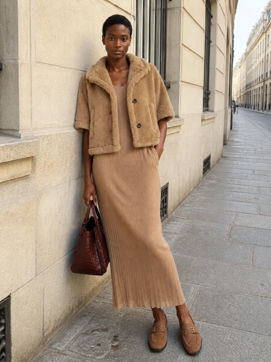 This look layers the cropped camel teddy jacket over a slim ribbed camel knit column dress for a tonal, textural play that feels plush yet precise. Tan Fendi loafers keep the silhouette grounded and city-ready, while the cognac croc-embossed bucket bag introduces a sculptural, luxurious note that completes the quietly opulent neutral story. The result is an SS outfit that reads effortlessly expensive without ever feeling overworked.