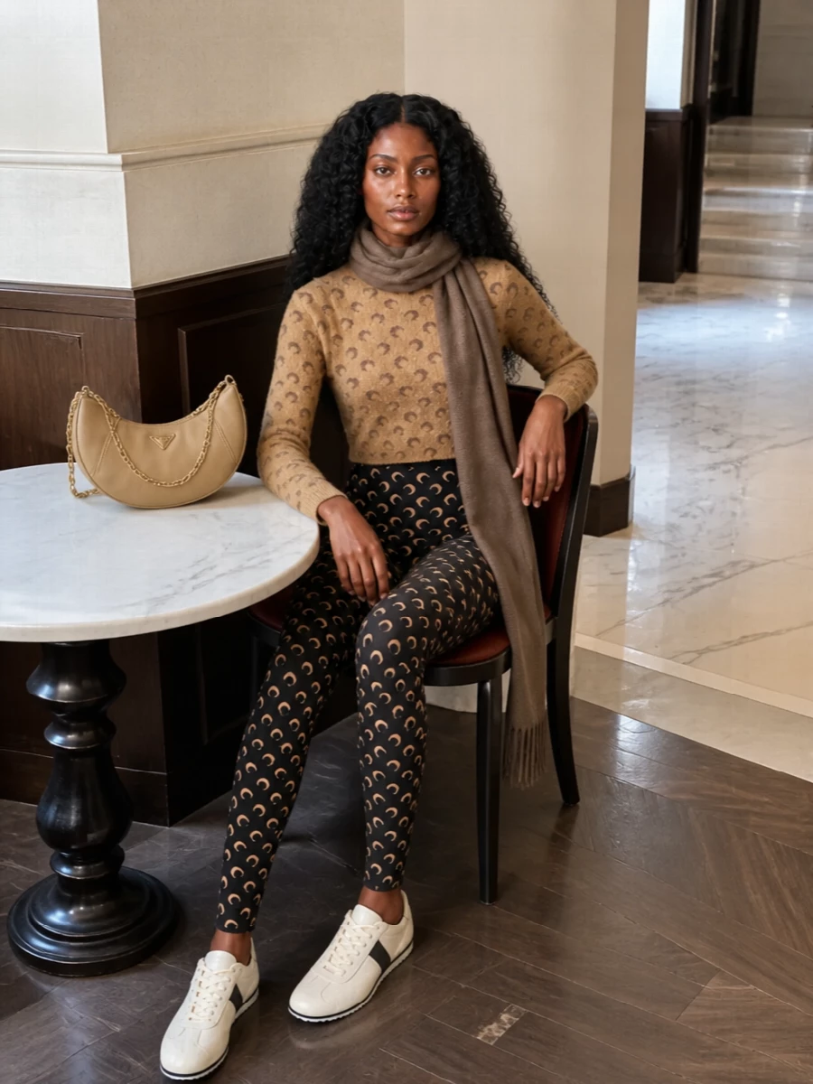 Marine Serre’s fuzzy moon knit and matching crescent leggings create a tight, graphic statement in warm camel and black, with the high-rise base cleanly meeting the cropped top. Cream-and-black runners keep it street and agile while the camel Prada crescent bag adds a sharper, polished note that still sits comfortably in the same neutral universe. A taupe scarf softens the lines for colder days without diluting the logo play or the sporty attitude.