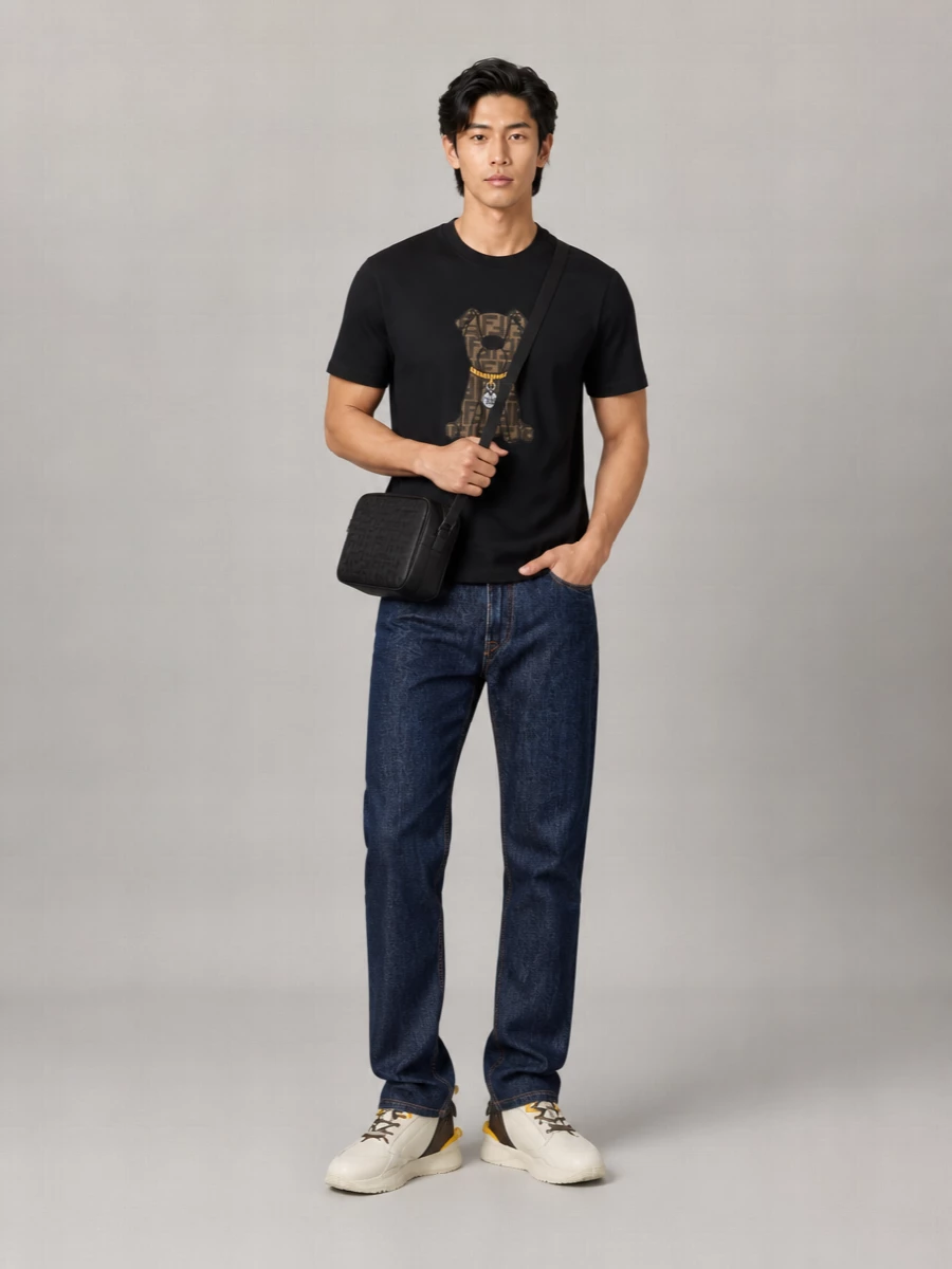 This is a confident Fendi-on-Fendi city uniform built around the FF pup tee, grounded by straight dark indigo denim for a clean, wearable base. Chunky logo sneakers mirror the tee’s tobacco and yellow hits, while the compact monogram crossbody brings one last graphic note without overwhelming the palette. The result is relaxed streetwear with just enough polish to feel intentional from brunch to evening drinks.