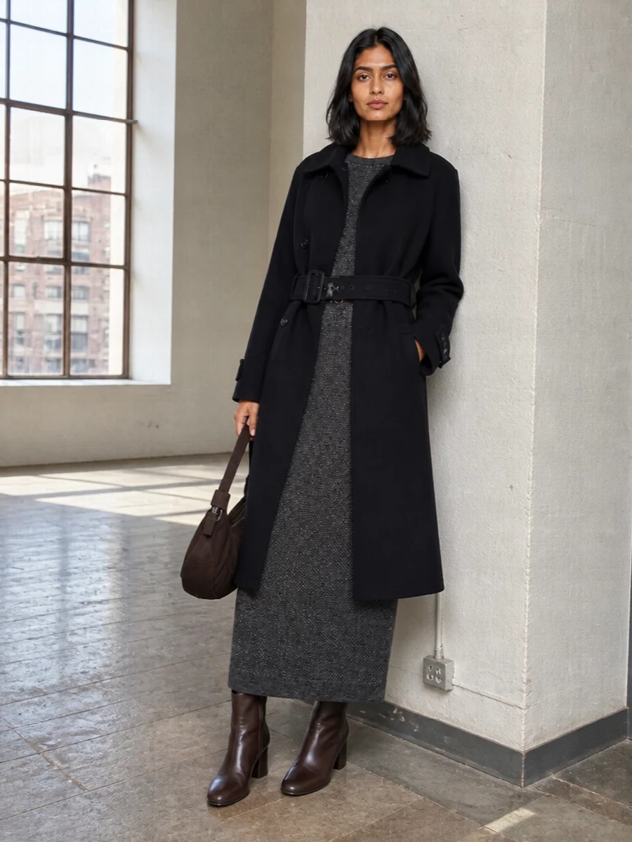 I am taking the dress route here, letting the charcoal knit maxi echo the trench’s structured belt for a single, elongated column. Deep chocolate accessories introduce just enough warmth while staying firmly in the quiet, minimalist register. The result is a winter city ensemble that reads composed, tactile and quietly expensive from head to toe.