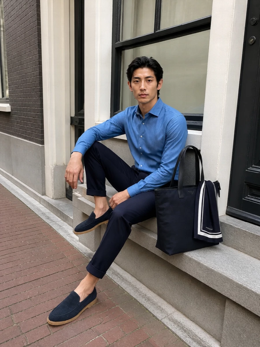Fay blue shirt navy chinos tods loafers