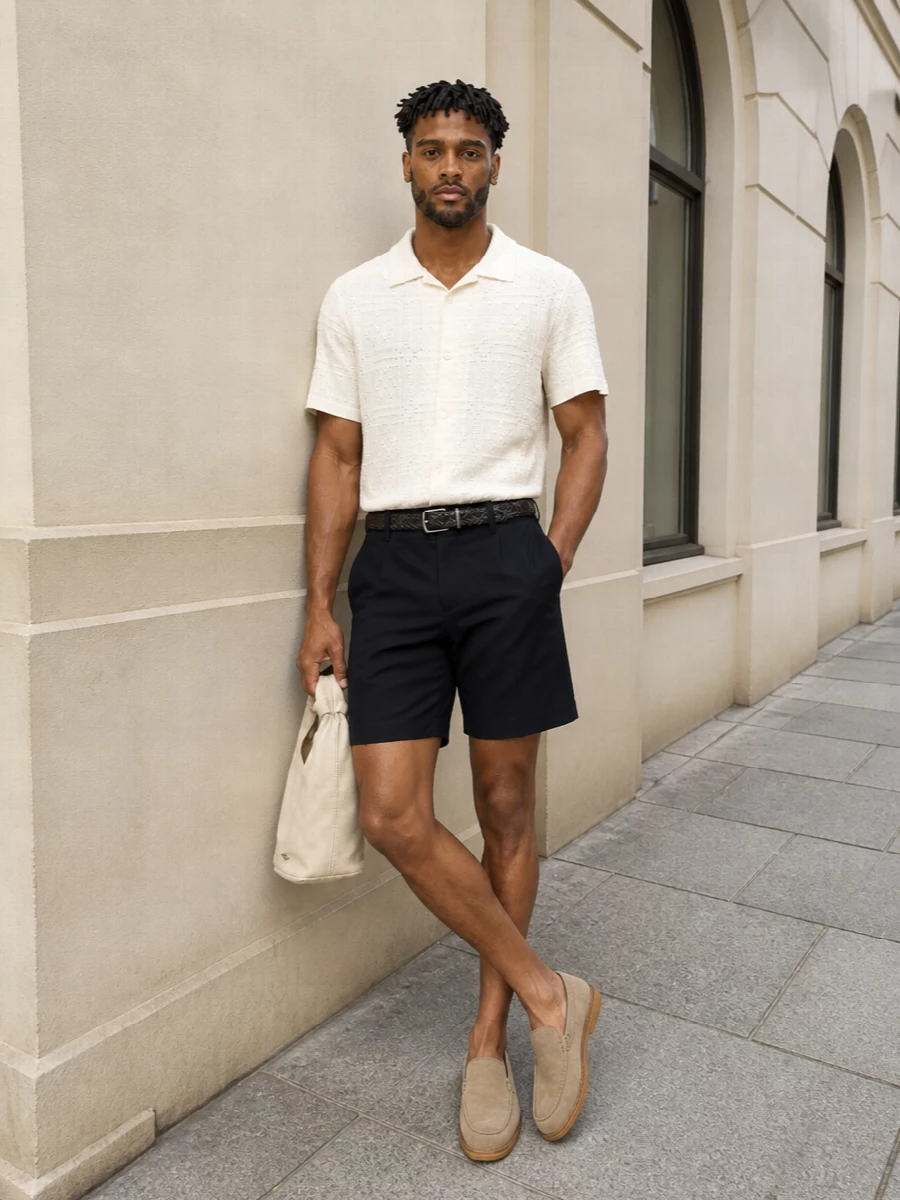 An ivory open-knit shirt sits against deep navy tailored shorts for a crisp, modern take on preppy summer dressing. Sand suede loafers and a soft butter-toned tote keep the palette warm and relaxed, while a braided belt adds just enough structure. The result is quietly refined for terrace lunches, city strolls, or coastal evenings without ever feeling stiff.