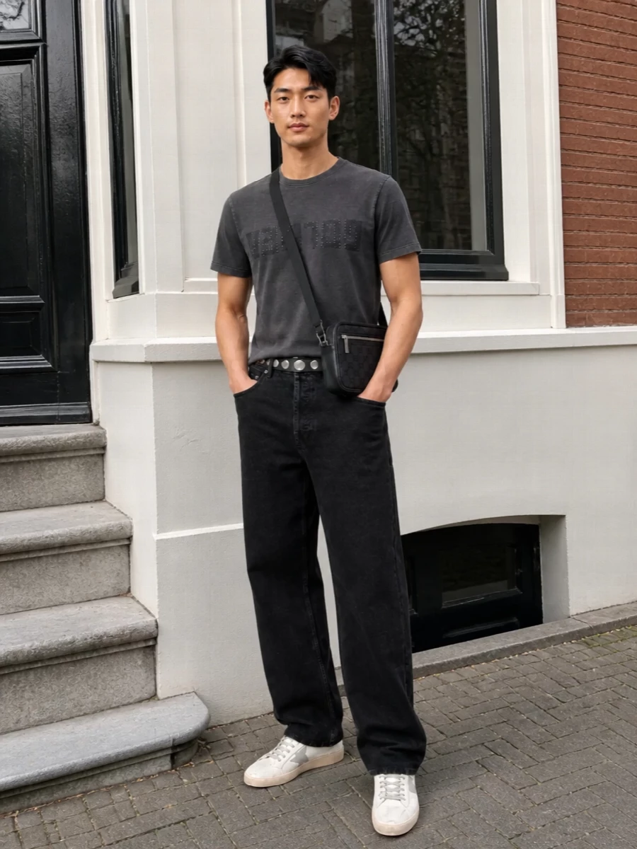 Golden goose grey tee black jeans sneakers