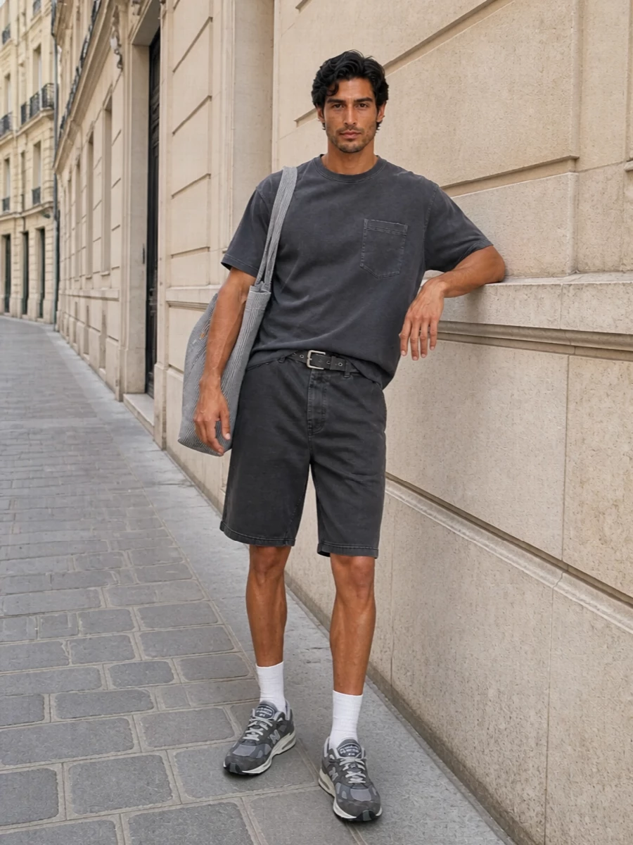 Carhartt charcoal shorts new balance grey sneakers