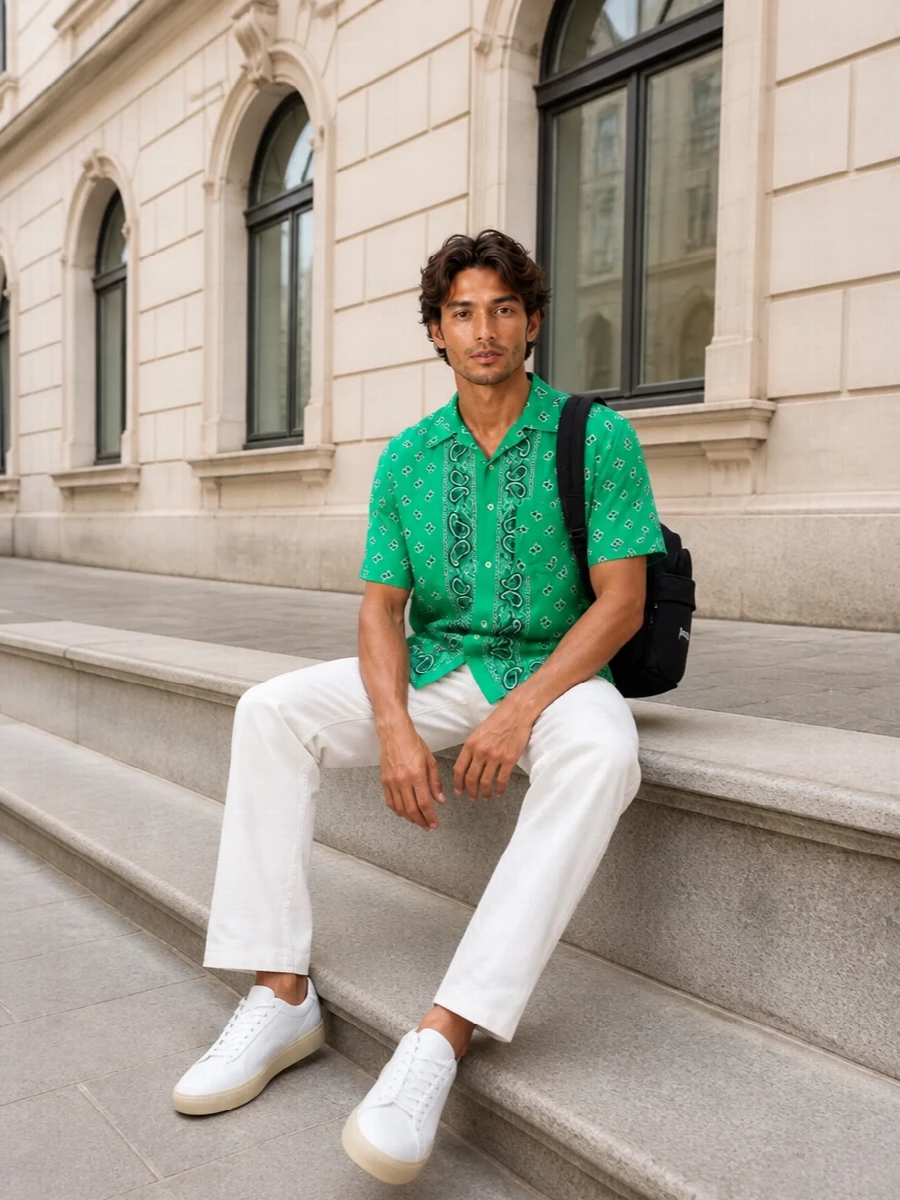 Palm angels green bandana shirt white jeans outfit