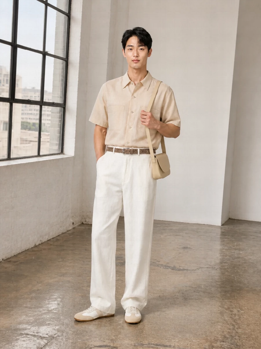 Lemaire beige shirt wide leg trousers outfit