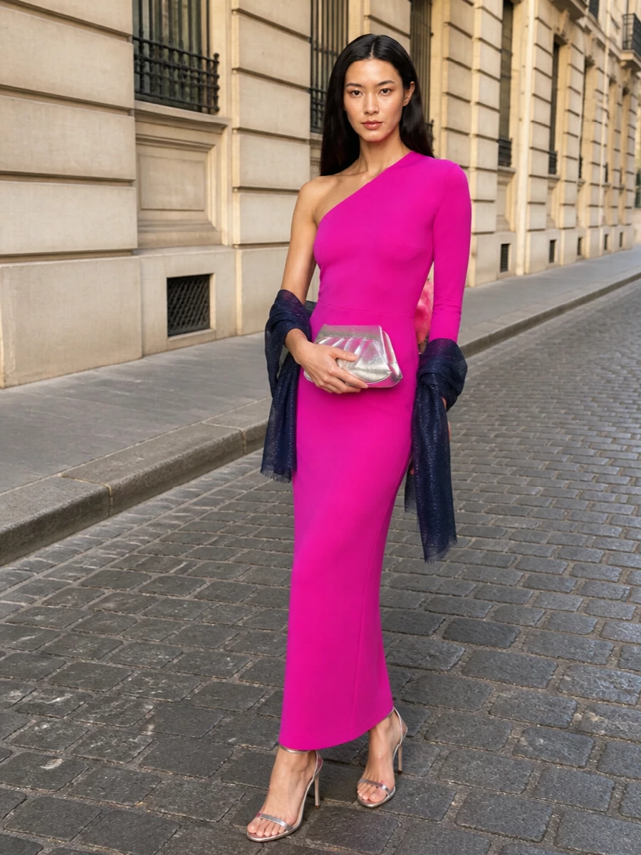 Solace london fuchsia one shoulder dress silver heels