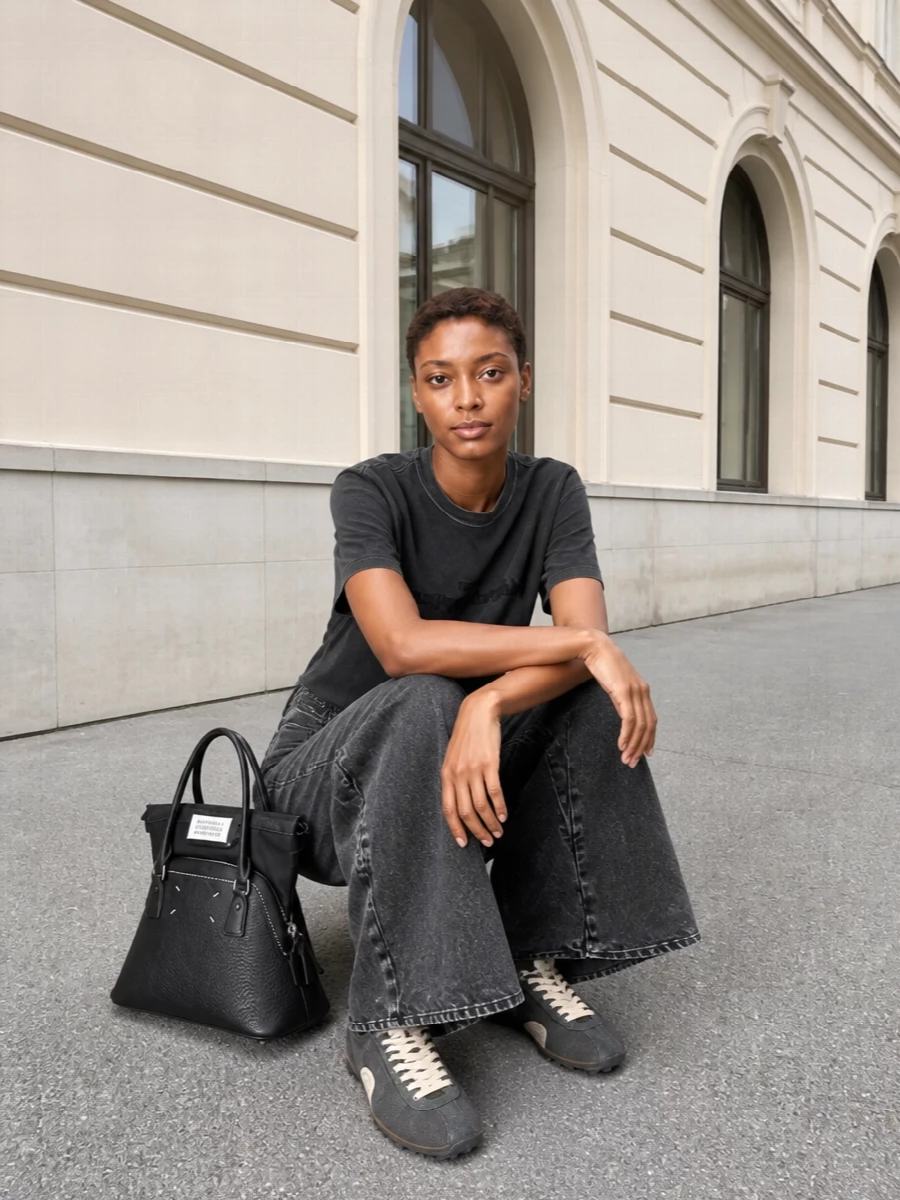 Washed charcoal on charcoal sets up a clean, graphic base, with the sculpted wide-leg denim turning a simple tee into a long, modern line. Charcoal runners keep the attitude relaxed and grounded, while the structured trapeze bag and numbers scarf bring in just enough Margiela code to feel considered without looking dressed up.