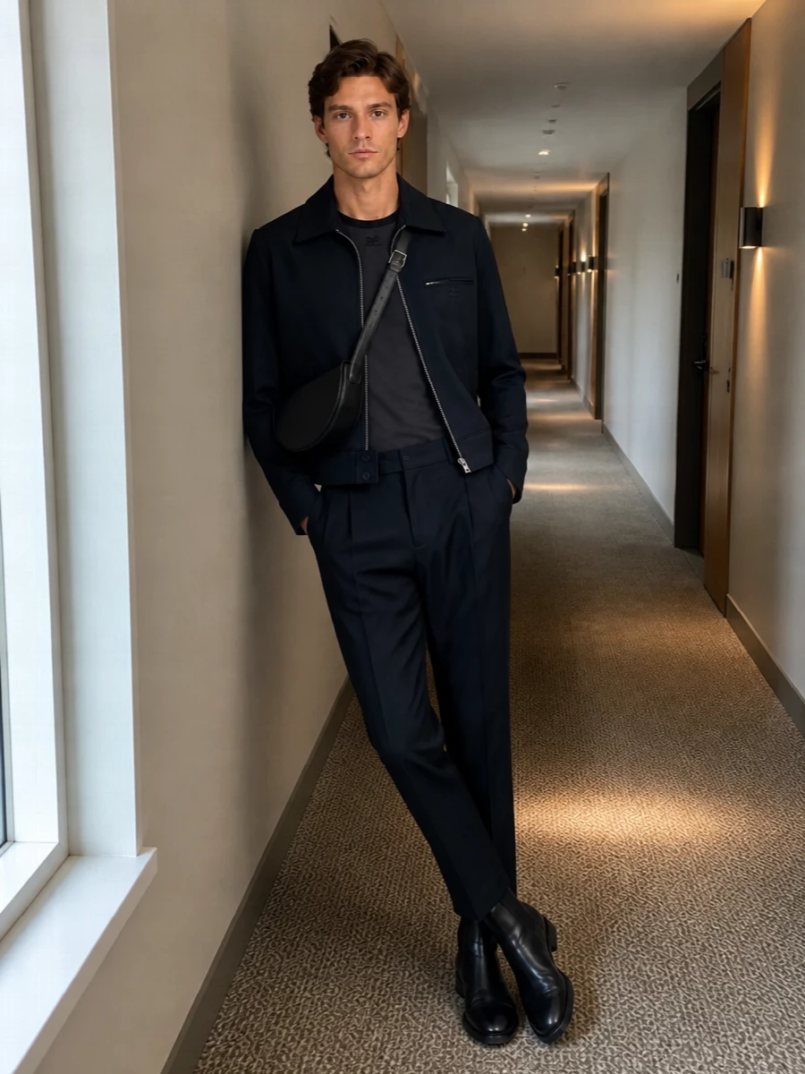 Courreges navy jacket cropped trousers outfit
