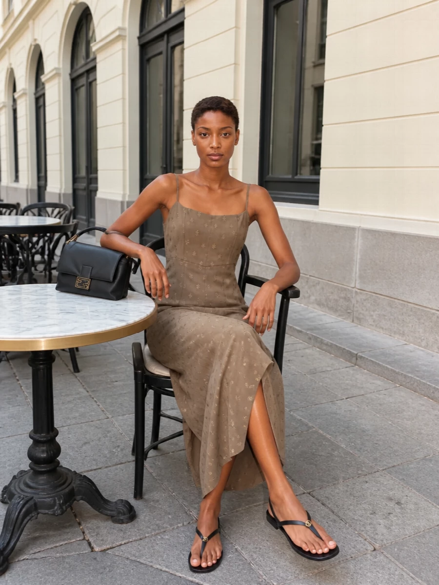 Fendi taupe slip dress black flat sandals