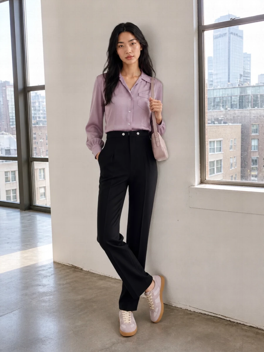 Maison margiela lilac shirt black tailored trousers