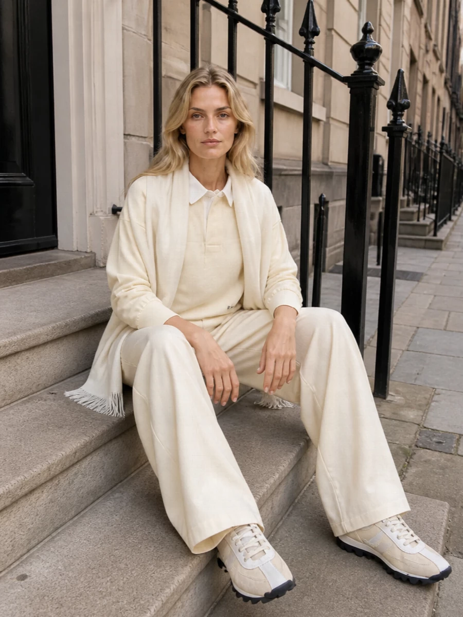 A study in soft structure, this pairing keeps everything in the same buttercream register so the focus stays on line and proportion. The high-rise wide leg sharpens the relaxed polo, while tonal sneakers and a structured top-handle keep the mood quietly polished rather than sporty. A gauzy neutral wrap brings a final layer of softness that still feels considered.