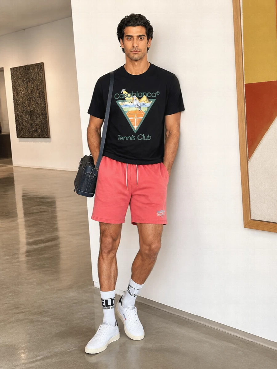 Casablanca tennis club tee coral shorts outfit