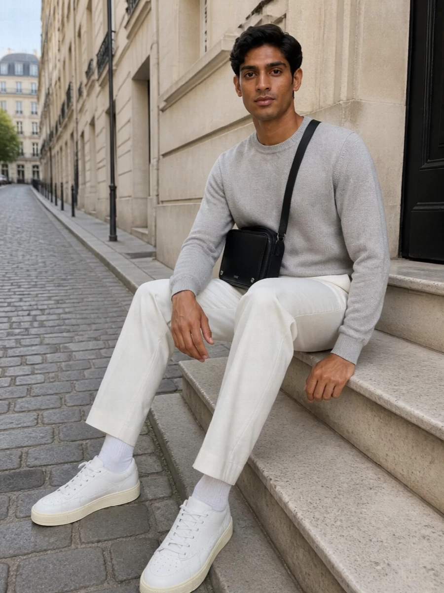 Jil sander grey knit off white trousers outfit