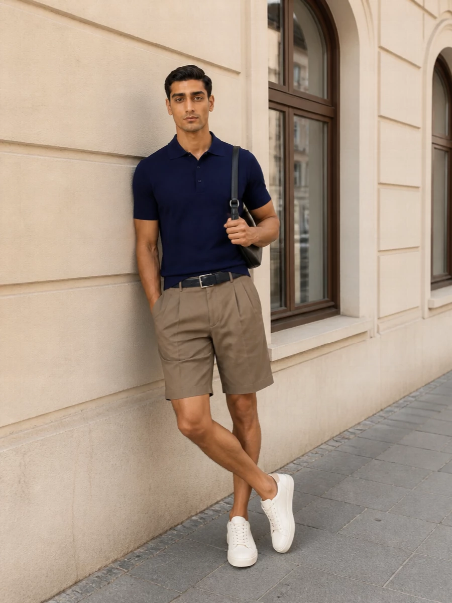 Ami paris navy polo taupe tailored shorts outfit