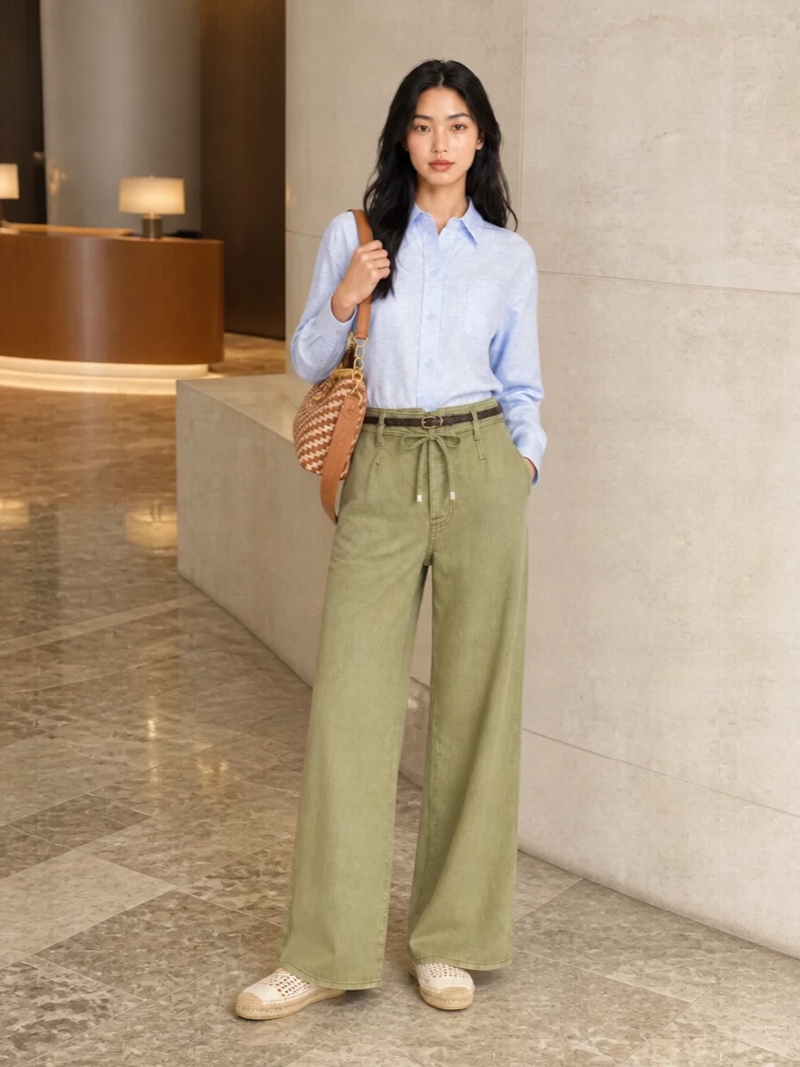 Etro sage wide leg trousers blue shirt outfit