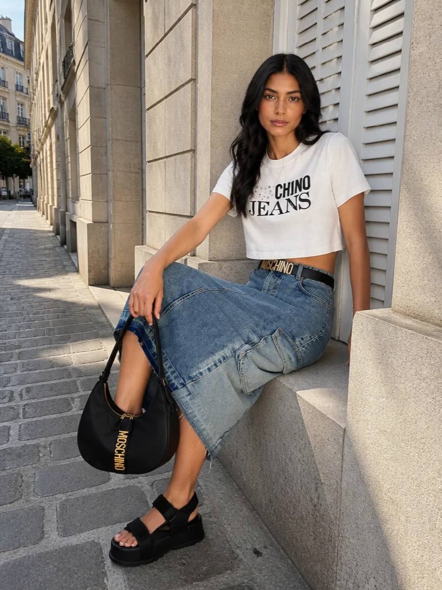 Moschino denim midi skirt outfit logo tee