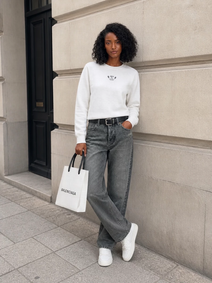Off white denim outfit white sneakers