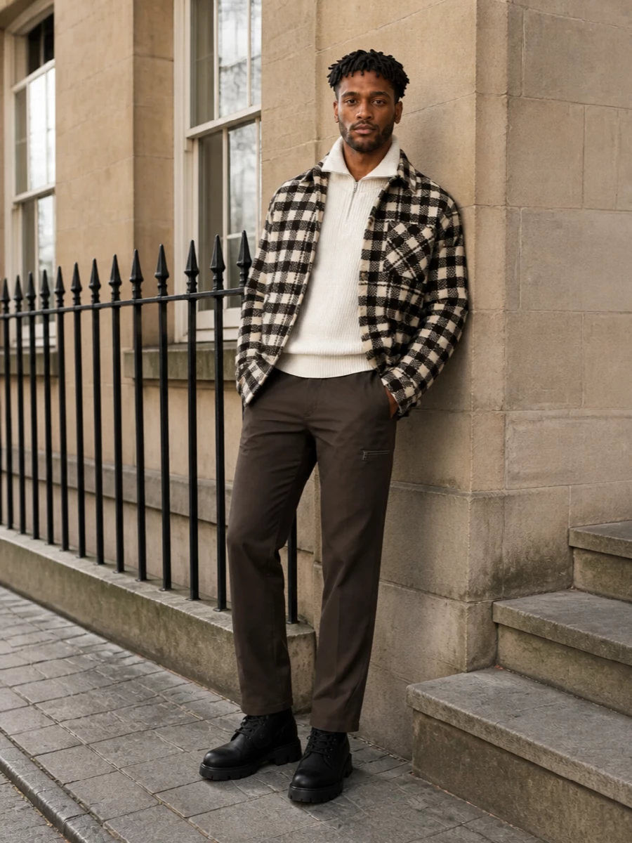 Moncler checked overshirt half zip boot outfit