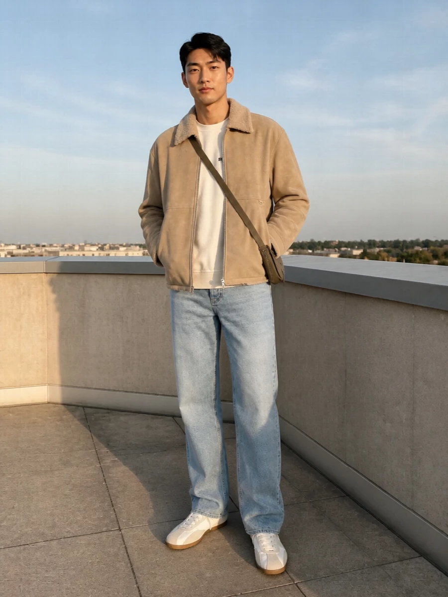 Represent shearling jacket light jeans outfit