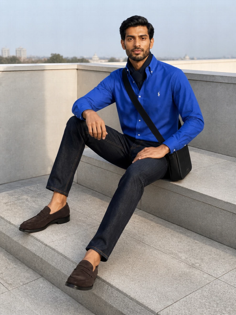 Prada dark denim polo ralph lauren shirt outfit