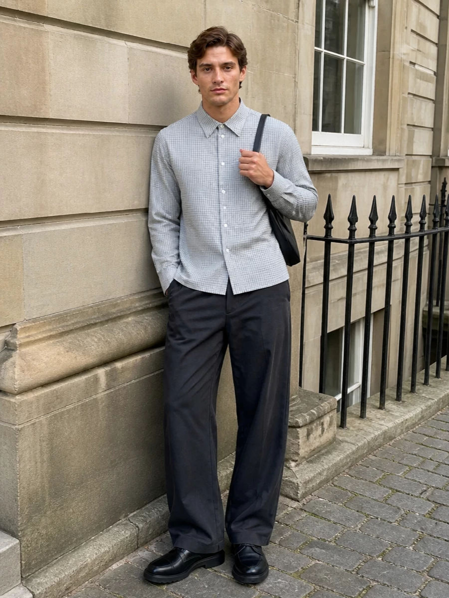 Studio nicholson checked shirt wide charcoal trousers