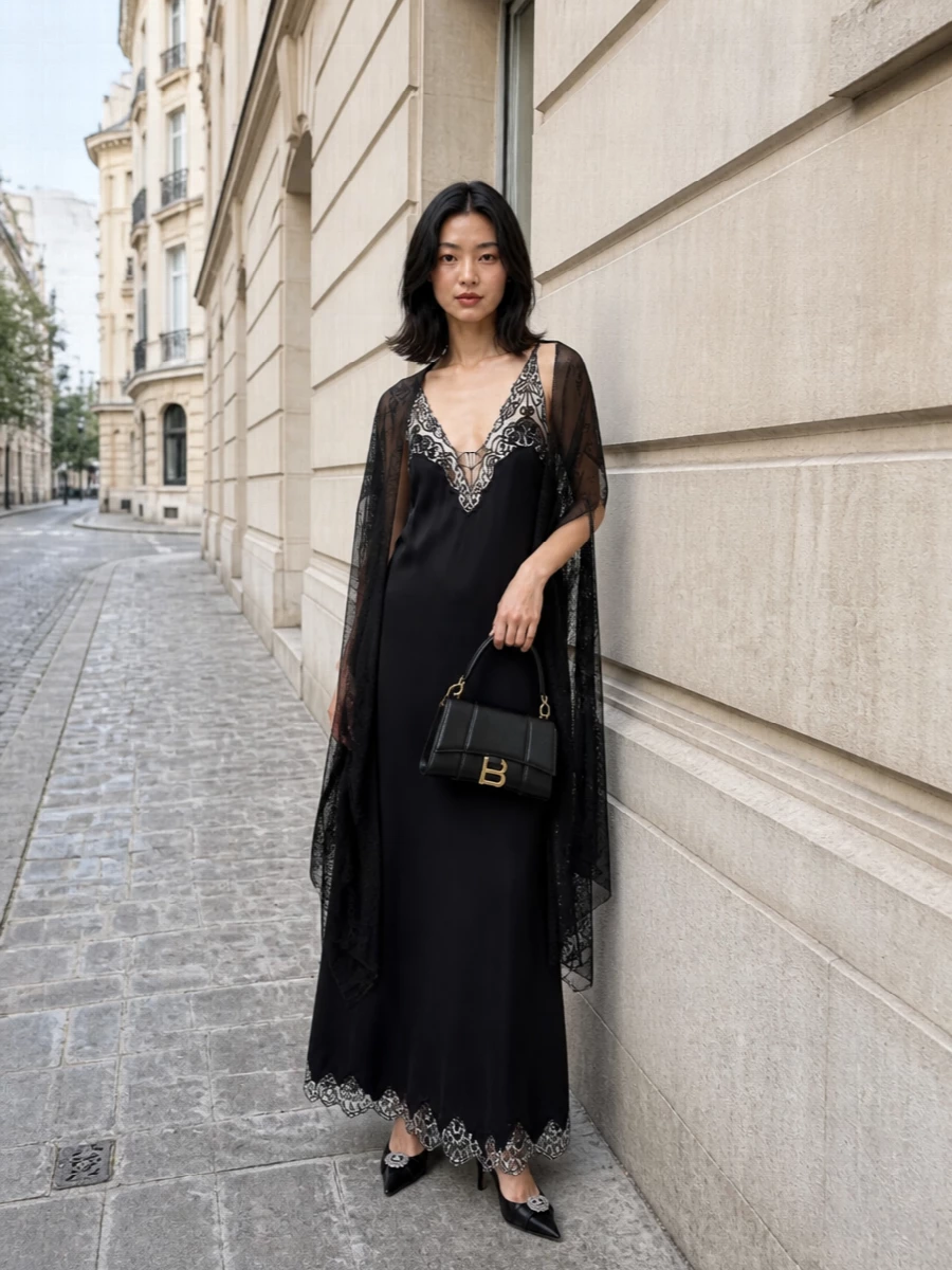 Balenciaga black slip dress crystal pumps