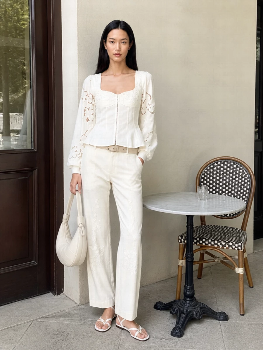 Marine serre ivory trousers corset blouse outfit