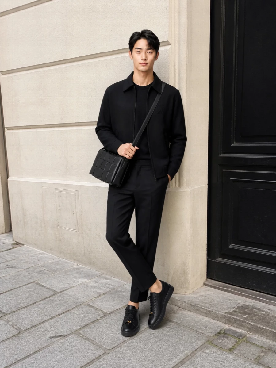 Valentino black jacket tapered trousers outfit