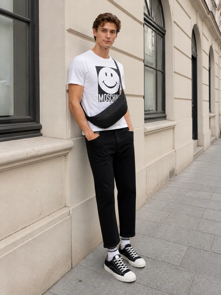 Moschino smiley tee black jeans sneakers
