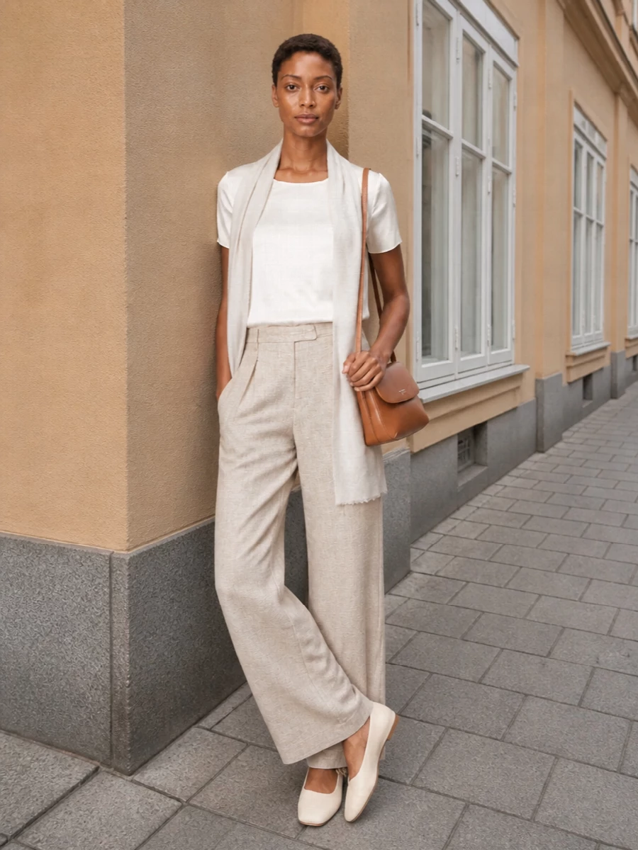 Emporio armani ivory satin top beige wide leg trouser