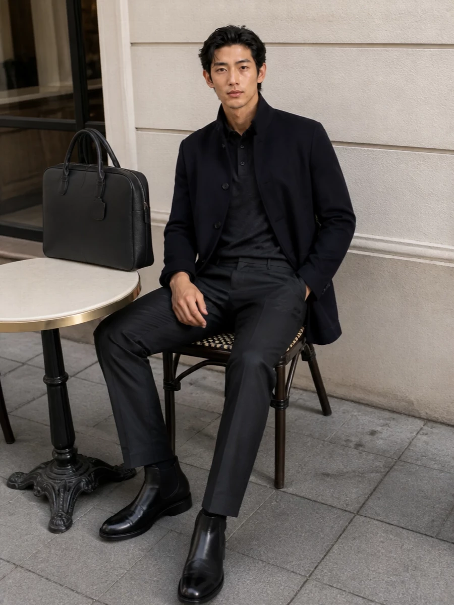 Zegna navy coat charcoal trousers chelsea boots