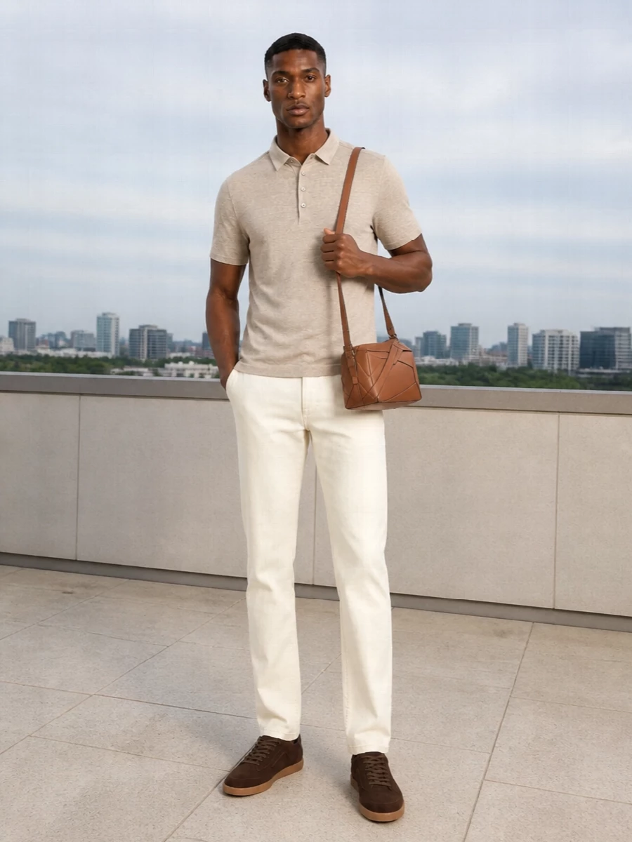 Zegna beige polo ivory trousers brown sneakers