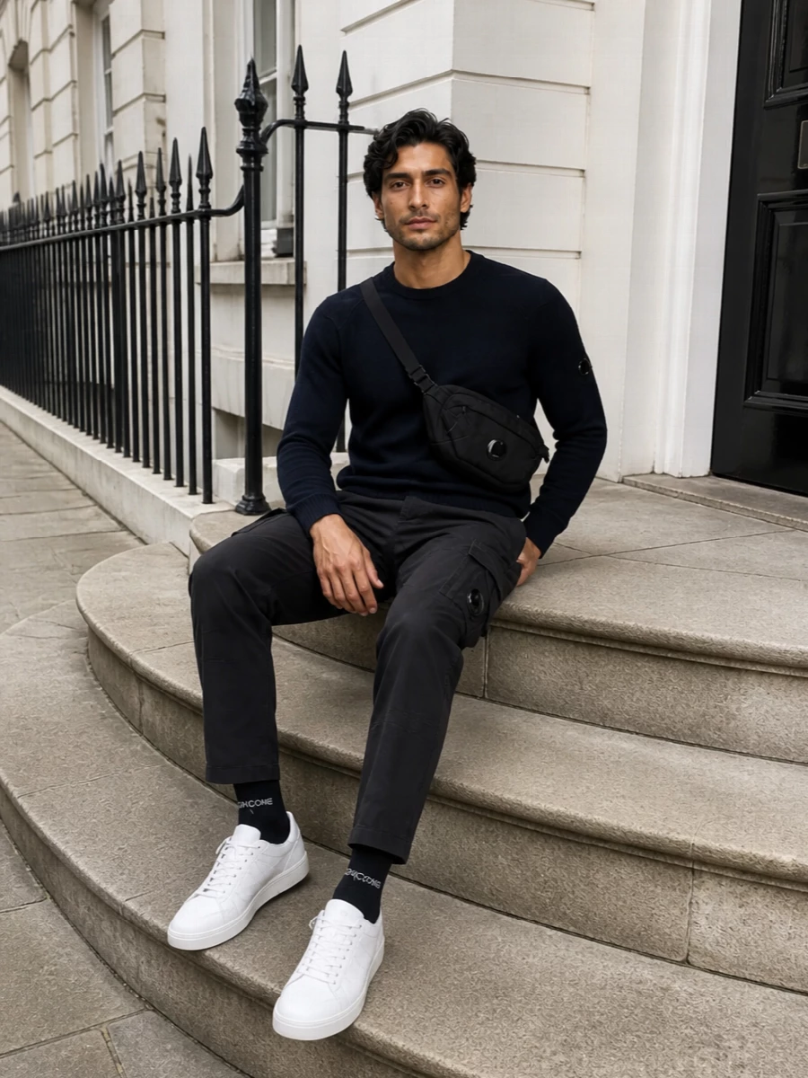 Cp company knit cargo trousers white sneakers